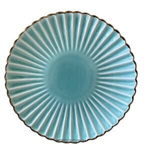 Aqua Ceramic Dinner Plates 11" Turquoise Scalloped Edge Gold Accent Set of 4 New